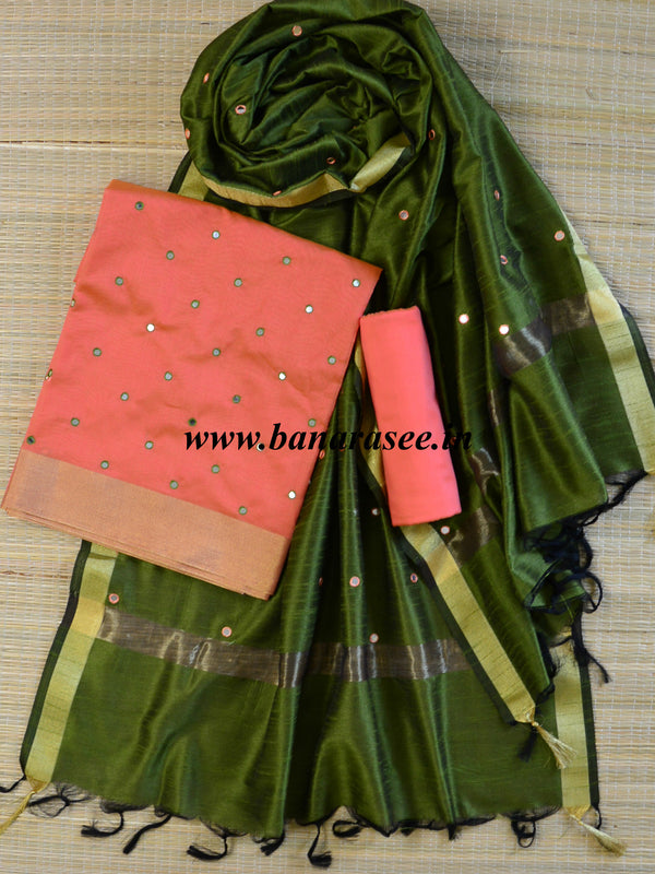 Banarasee Chanderi Cotton Mirror Work Salwar Kameez Dupatta Set-Peach & Green
