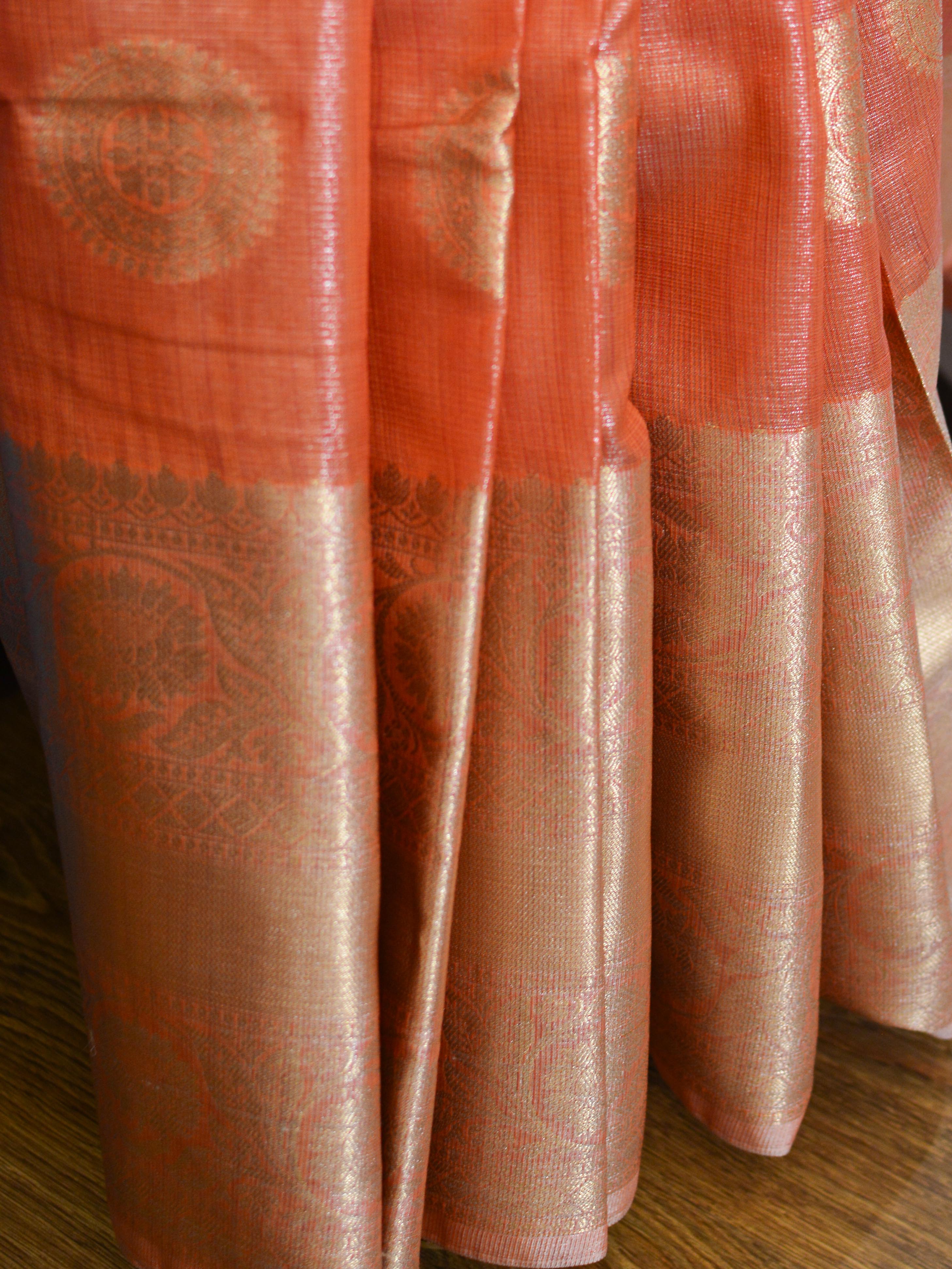 Banarasee Handwoven Broad Border Silver Zari Buta Design Tissue Saree-Peach