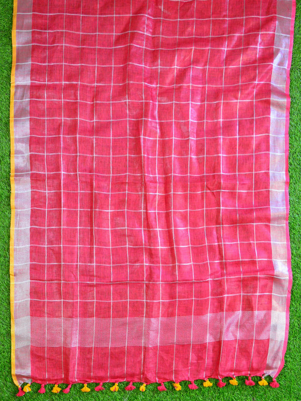 Bhagalpuri Pure Ikkat Kameez With Red Linen Dupatta-Yellow