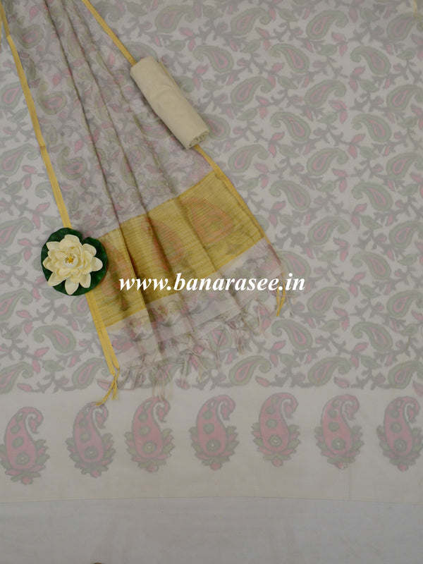 Banarasee Cotton Silk Salwar Kameez Hand-Printed Fabric-White