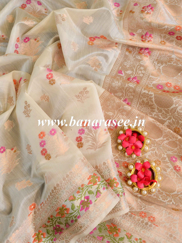 Banarasee Handloom Pure Chiniya Silk Saree With Zari & Meena Work-Ivory White