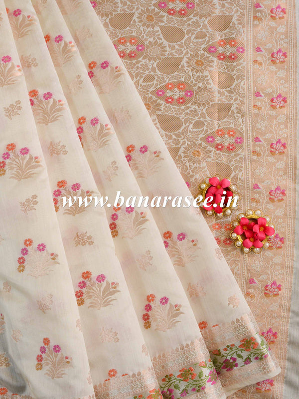 Banarasee Handloom Pure Chiniya Silk Saree With Zari & Meena Work-Ivory White