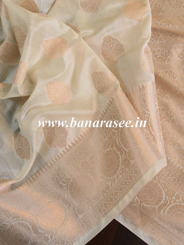 Banarasee Handloom Pure Chiniya Silk Saree With Zari Work-Ivory White