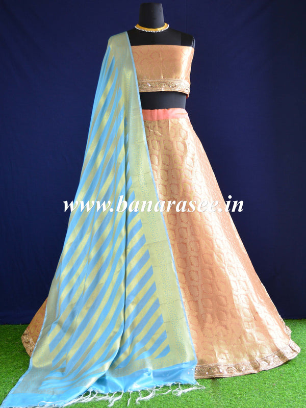 Banarasee Stitched Organza Lehenga & Blouse Fabric With Semi Silk Dupatta-Peach & Blue