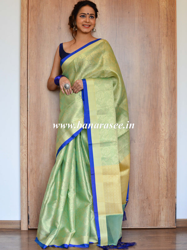 Banarasee Kora Muslin Saree With Tanchoi Design & Blue Border-Green