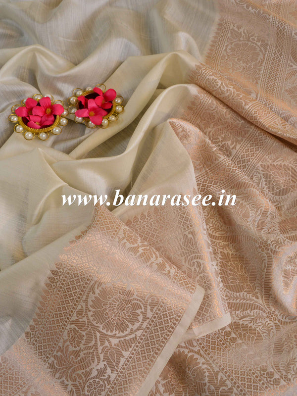 Banarasee Handloom Pure Chiniya Silk Saree With Zari Work-Ivory White