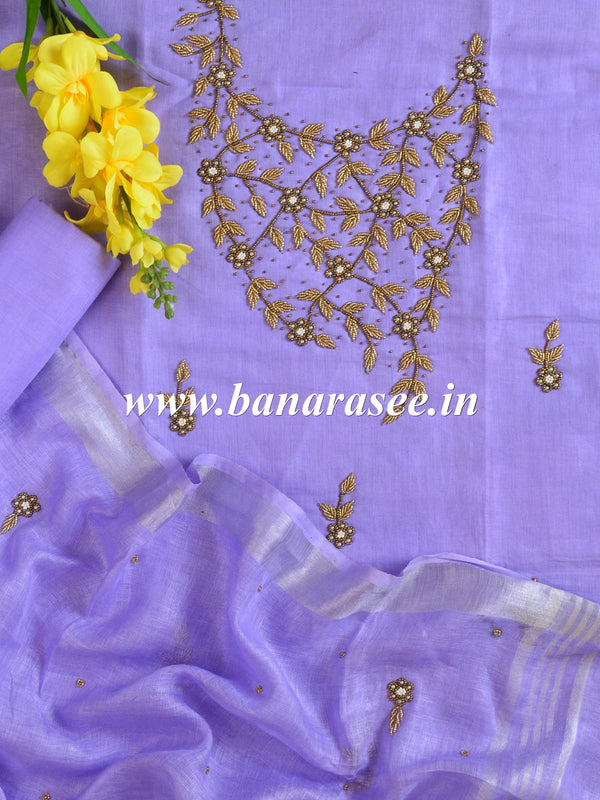 Handwoven Linen Salwar Kameez & Dupatta With Hand-Embroidered Pearl Work-Lavender