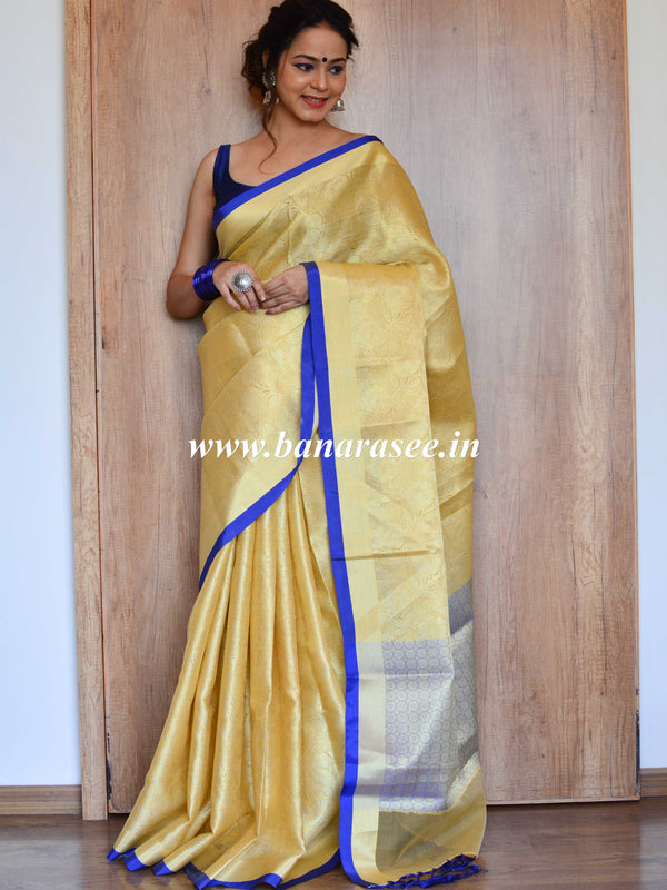 Banarasee Kora Muslin Saree With Tanchoi Design & Blue Border-Yellow