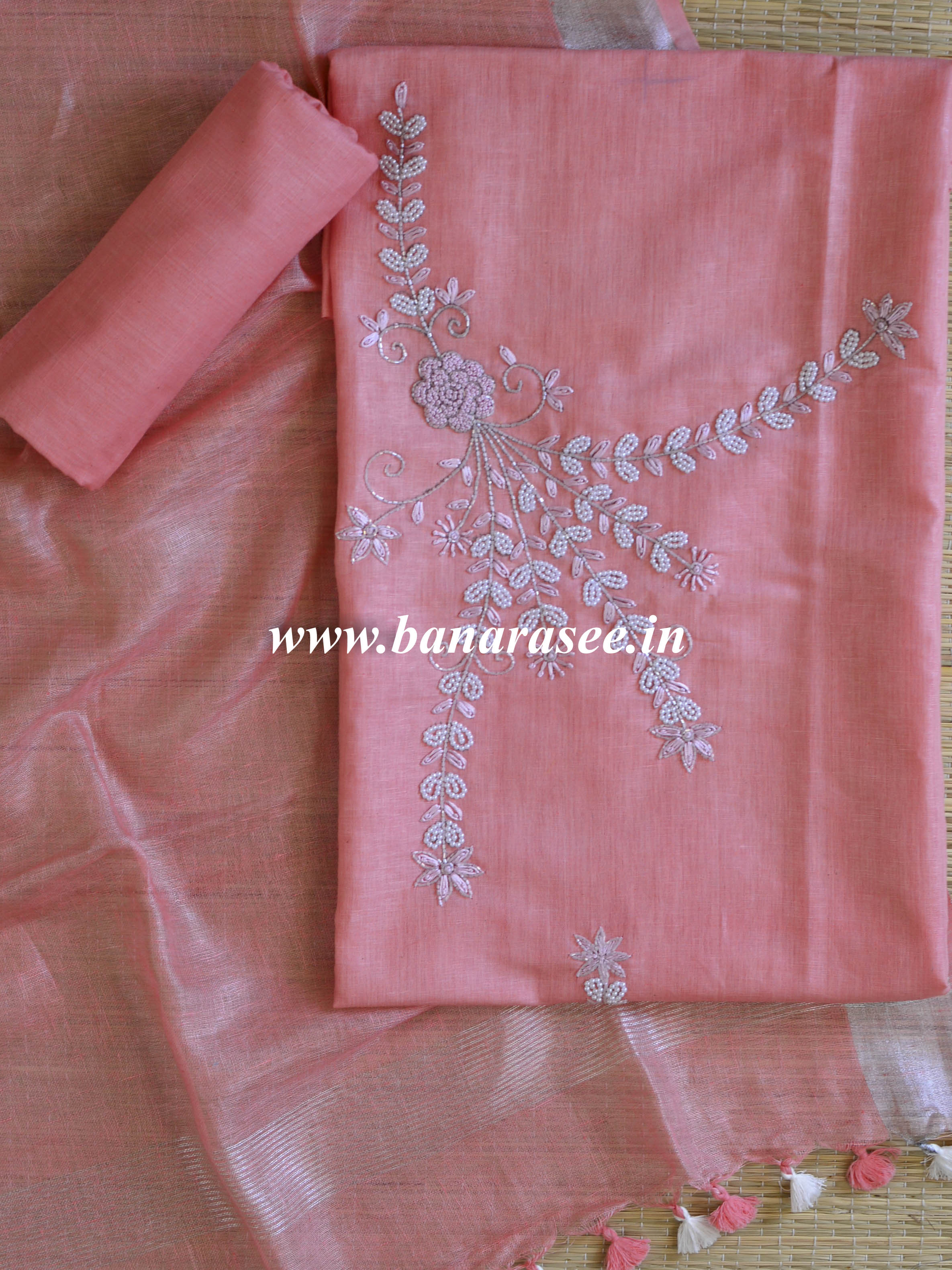 Handwoven Linen Salwar Kameez & Dupatta With Hand-Embroidered Pearl Work-Peach