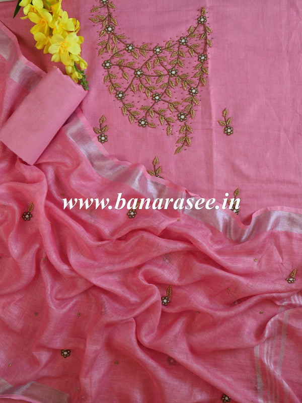 Handwoven Linen Salwar Kameez & Dupatta With Hand-Embroidered Pearl Work-Peach