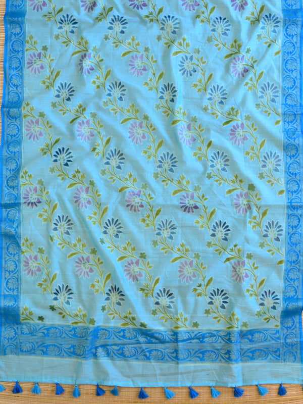 Banarasee Cotton Silk Handpainted Floral Design Dupatta-Blue