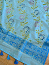Banarasee Cotton Silk Handpainted Floral Design Dupatta-Blue