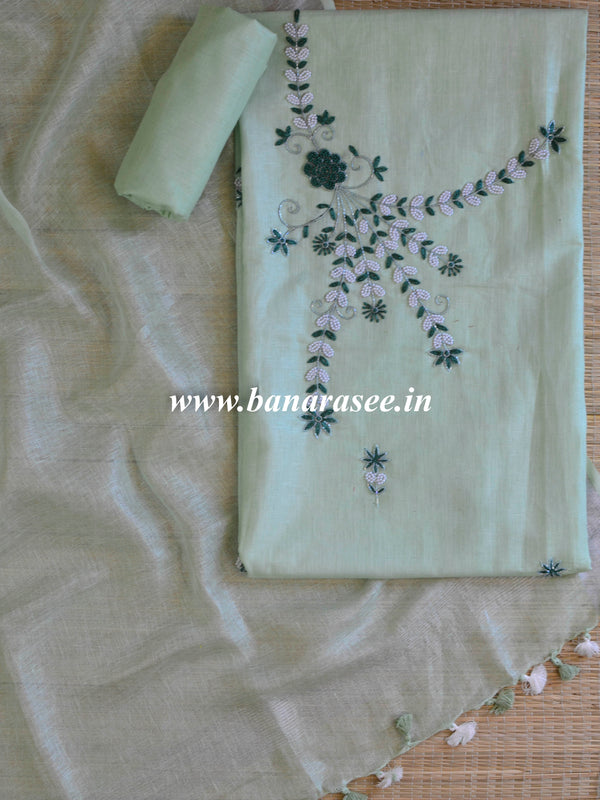 Handwoven Linen Salwar Kameez & Dupatta With Hand-Embroidered Pearl Work-Green
