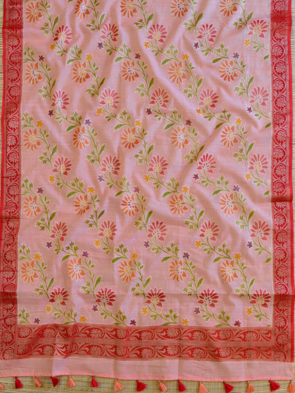 Banarasee Cotton Silk Handpainted Floral Design Dupatta-Peach