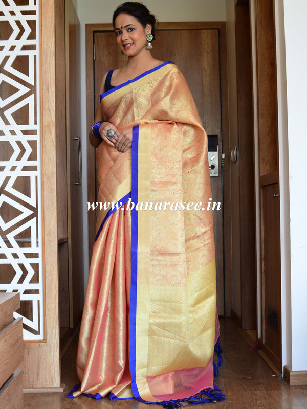 Banarasee Kora Muslin Saree With Tanchoi Design & Blue Border-Pink