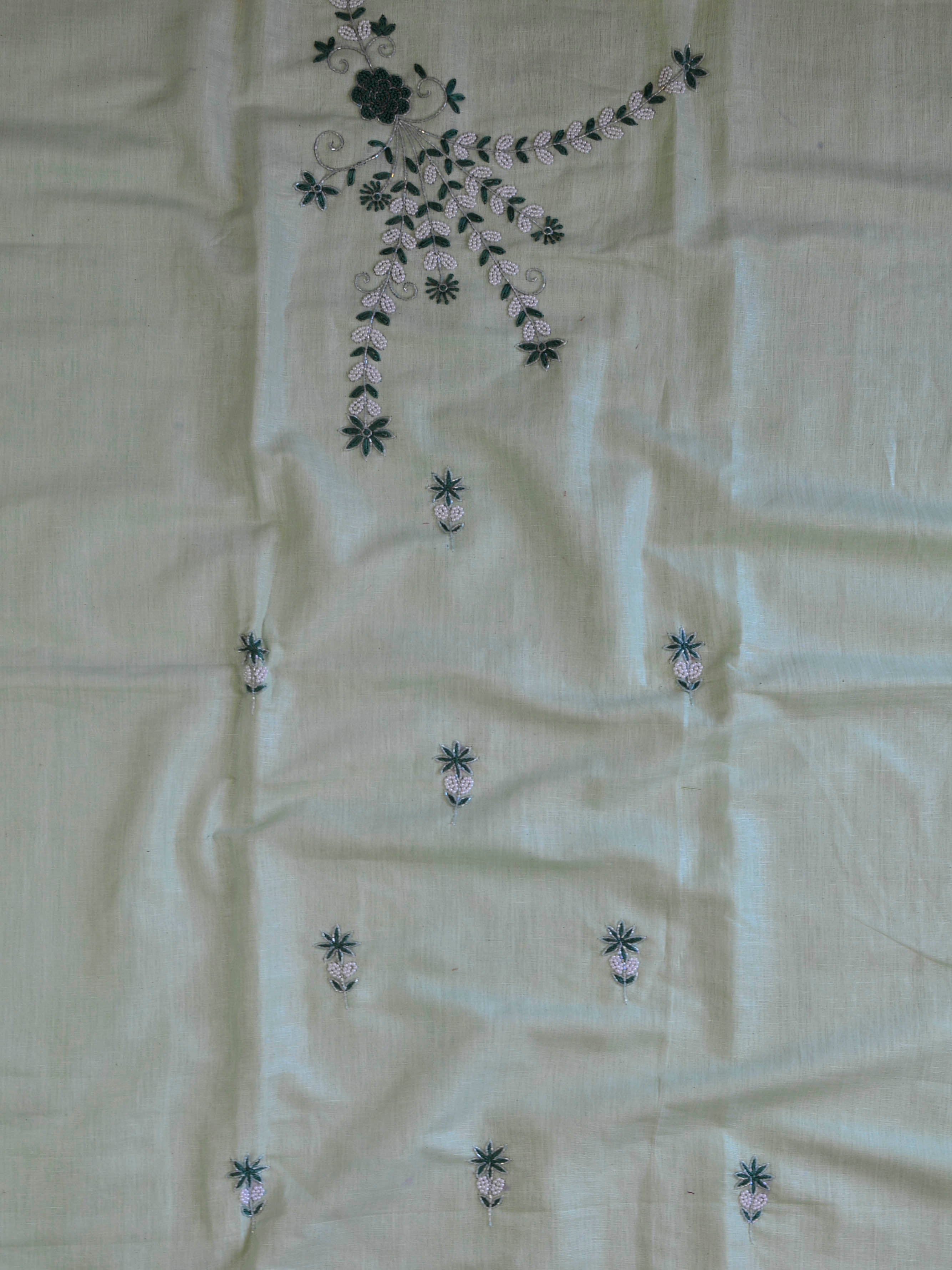 Handwoven Linen Salwar Kameez & Dupatta With Hand-Embroidered Pearl Work-Green