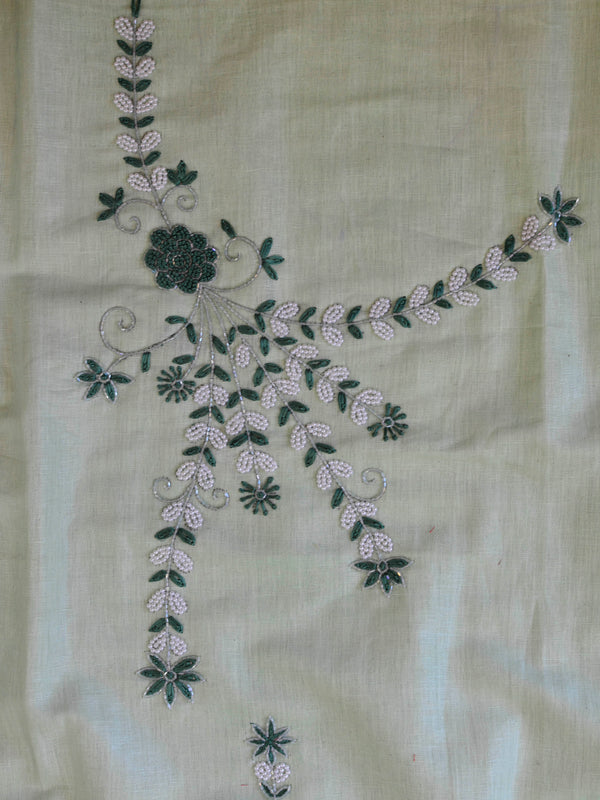 Handwoven Linen Salwar Kameez & Dupatta With Hand-Embroidered Pearl Work-Green