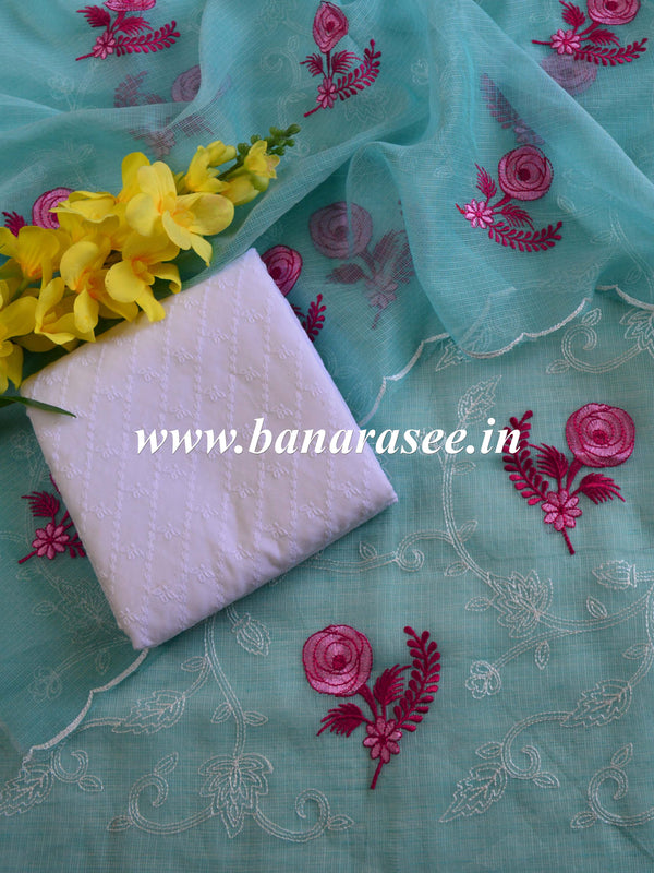 Banarase Kota Doria Heavy Hand-Embroidered Salwar Kameez Dupatta Set-Blue