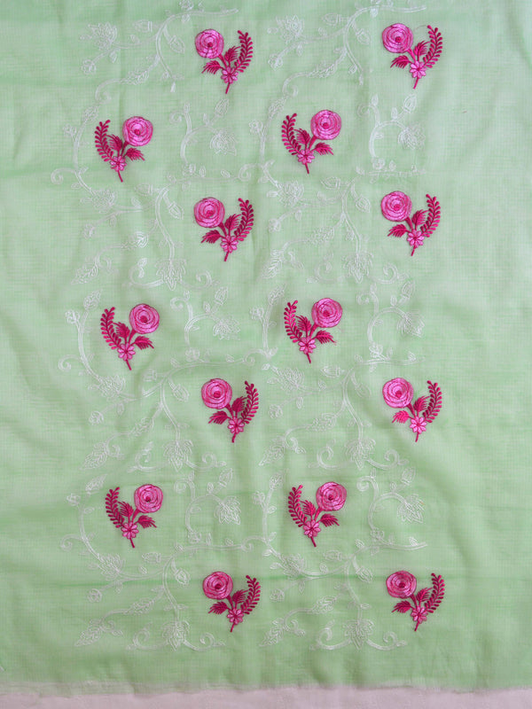 Banarase Kota Doria Heavy Hand-Embroidered Salwar Kameez Dupatta Set-Light Green