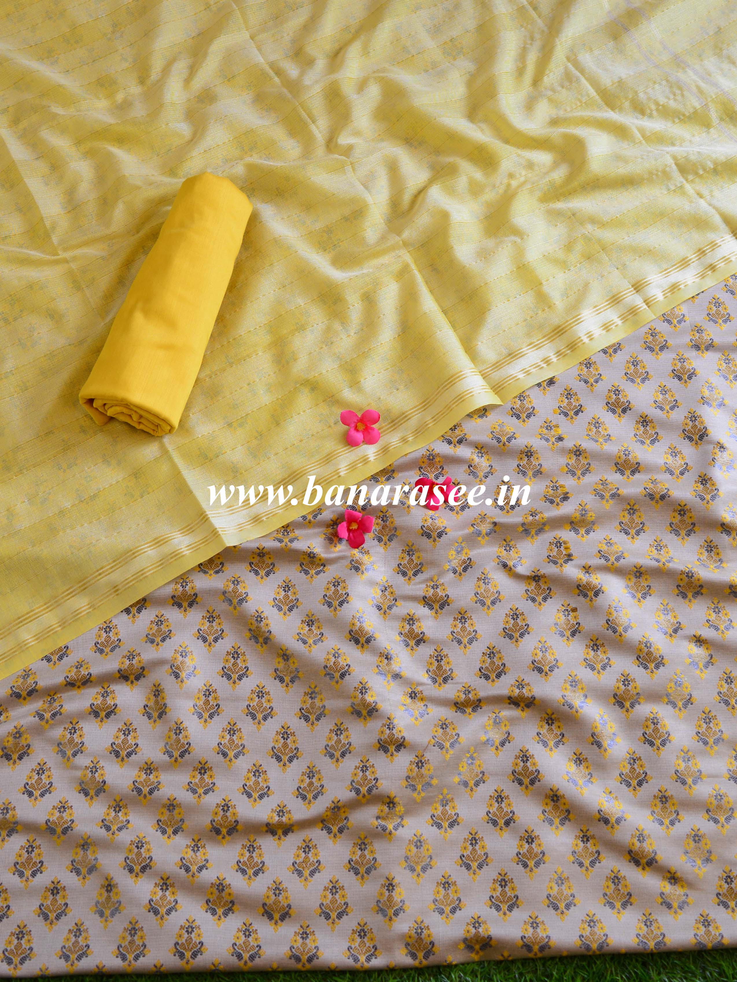 Banarasee Brocade Salwar Kameez Fabric With Cotton Silk Dupatta-Beige & Yellow