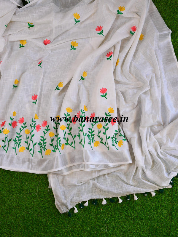 Bhagalpuri Handloom Pure Linen Saree With Embroidery Work-White