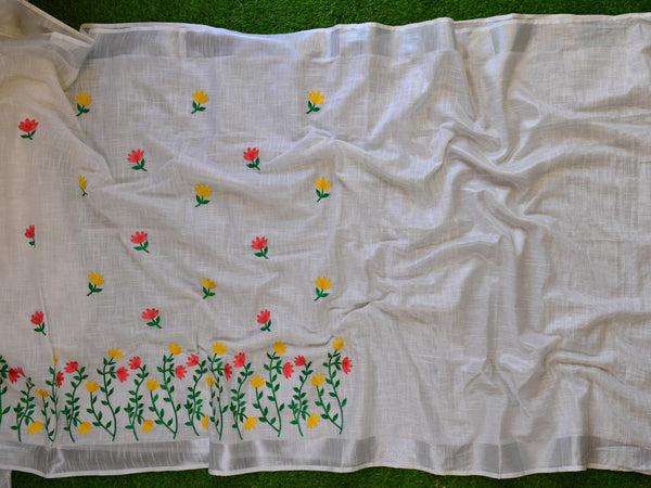 Bhagalpuri Handloom Pure Linen Saree With Embroidery Work-White