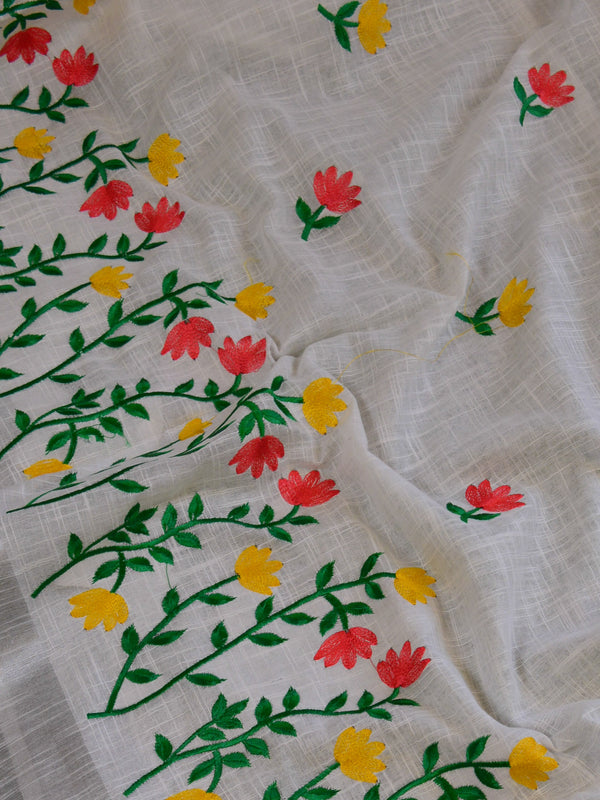 Bhagalpuri Handloom Pure Linen Saree With Embroidery Work-White