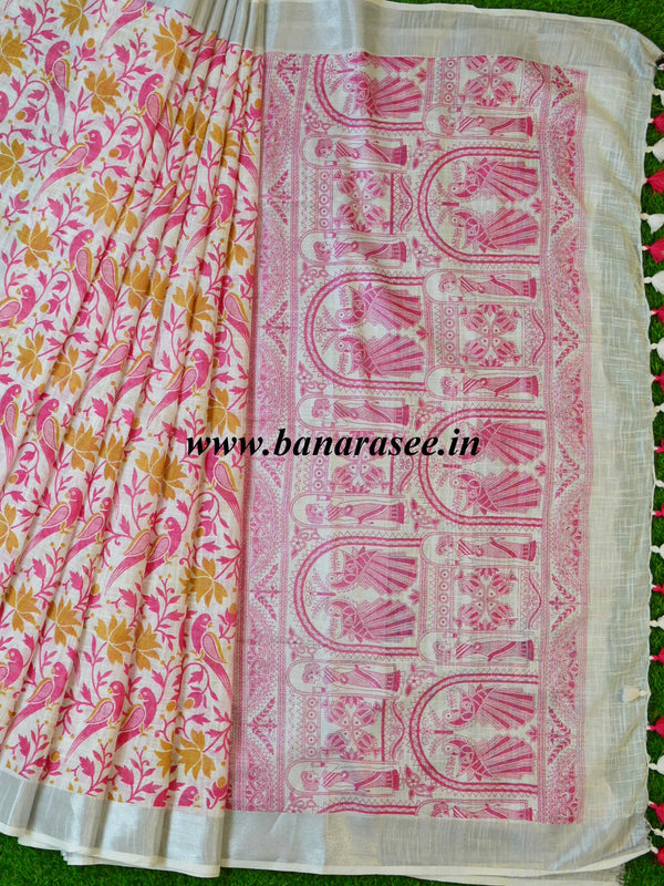 Bhagalpuri Handloom Pure Linen Block Printed Saree-White