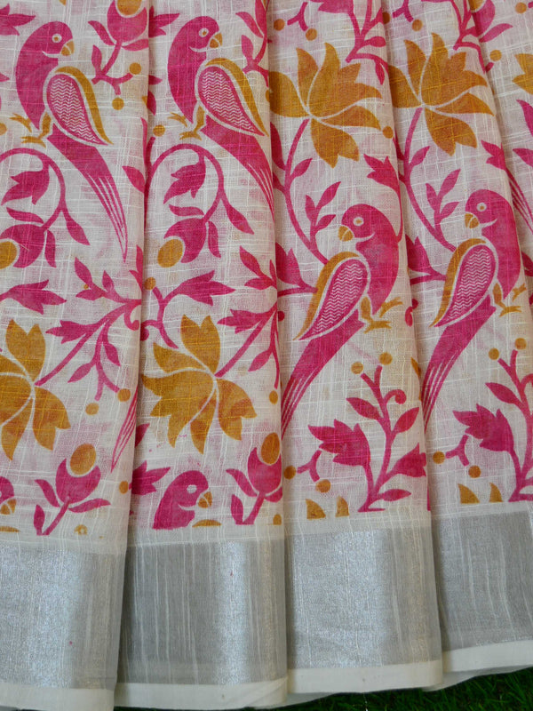 Bhagalpuri Handloom Pure Linen Block Printed Saree-White