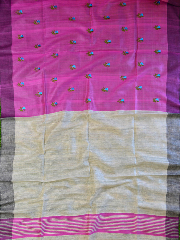 Bhagalpur Handwoven Semi-Tussar Silk Sari With Ghichha Pallu-Pink