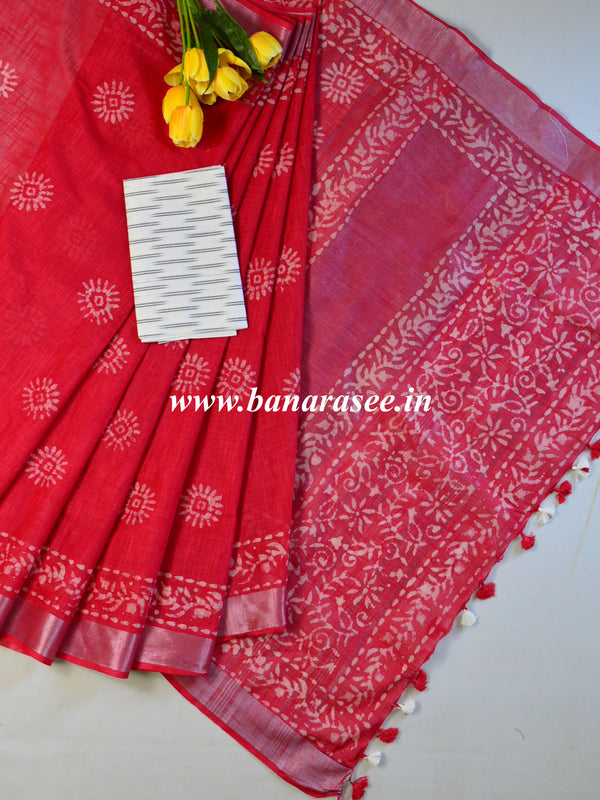 Bhagalpur Handloom Pure Linen Cotton Hand-Dyed Batik Pattern Saree & Ikkat Blouse-Red