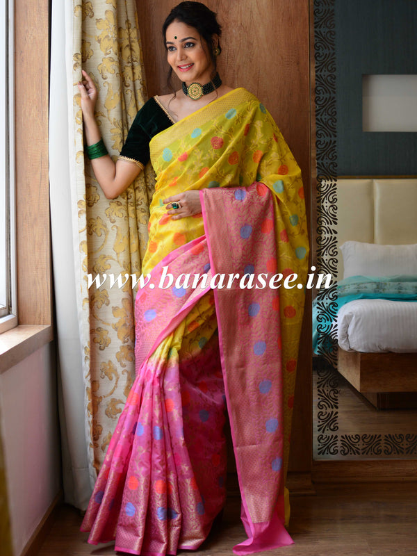 Banarasee Handwoven Semi-Chiffon Saree With Resham Jaal Design & Dual Color-Yellow & Pink