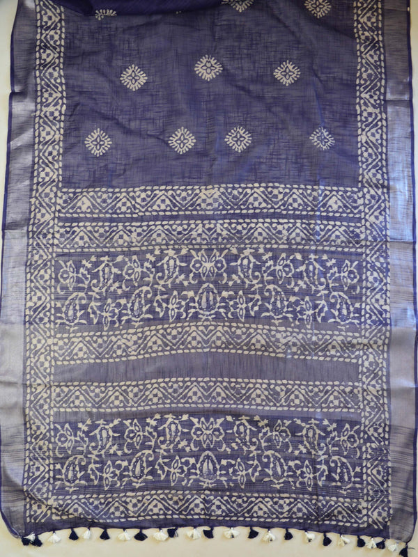 Bhagalpur Handloom Pure Linen Cotton Hand-Dyed Batik Pattern Saree & Ikkat Blouse-Deep Blue
