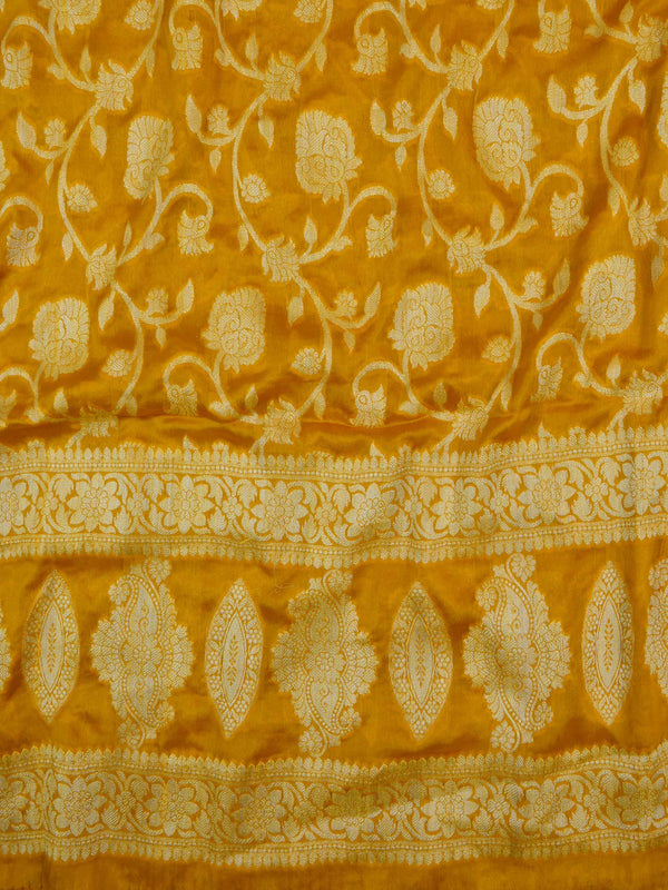 Banarasee Handloom Pure Chiffon Silk Salwar Kameez Set-Mustard & Red