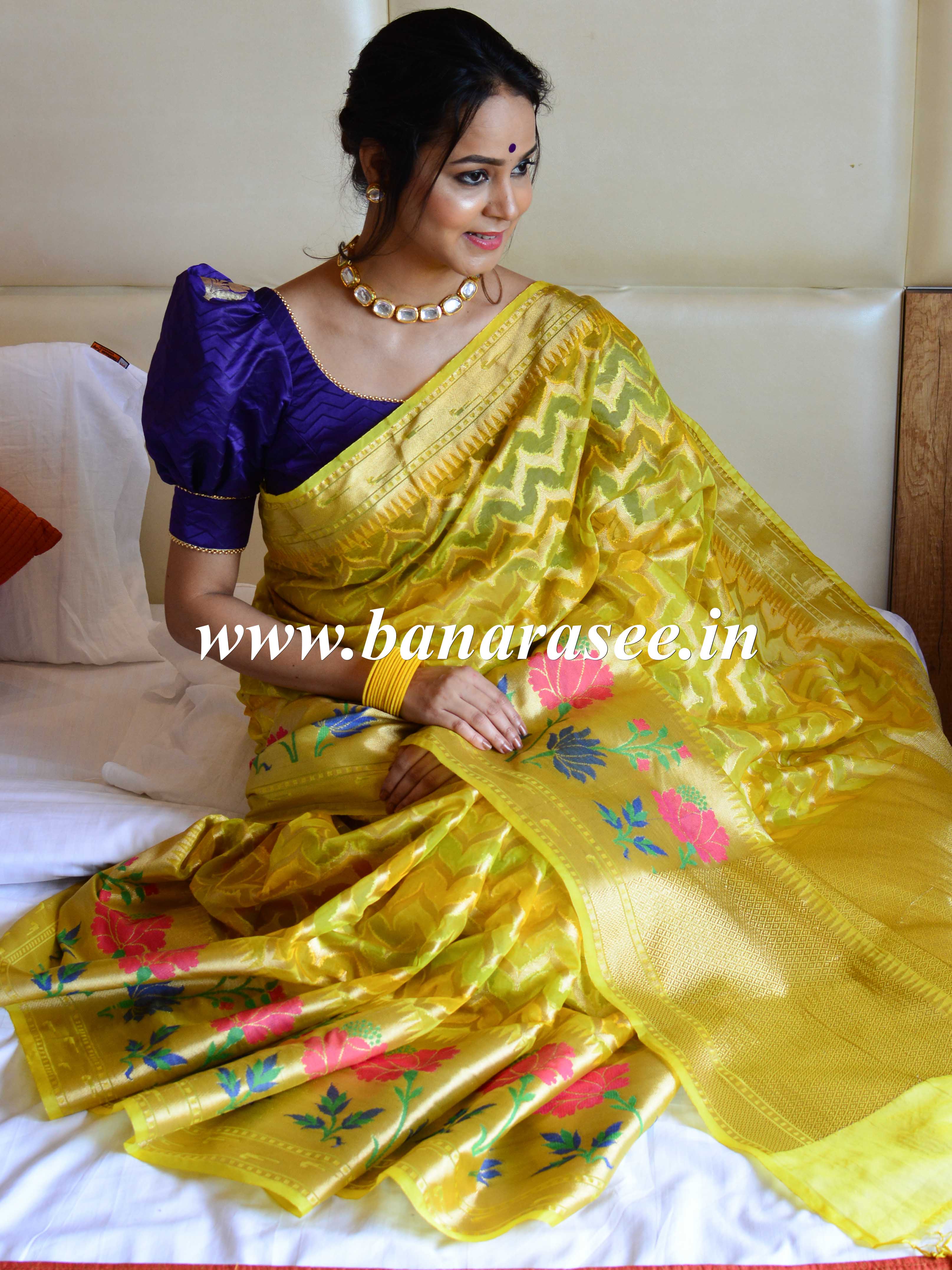 Banarasee Handwoven Semi-Chiffon Saree With Zari Work & Meena Border-Yellow