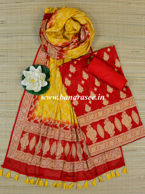 Banarasee Handloom Pure Chiffon Silk Salwar Kameez Set-Red & Yellow