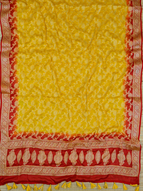 Banarasee Handloom Pure Chiffon Silk Salwar Kameez Set-Red & Yellow