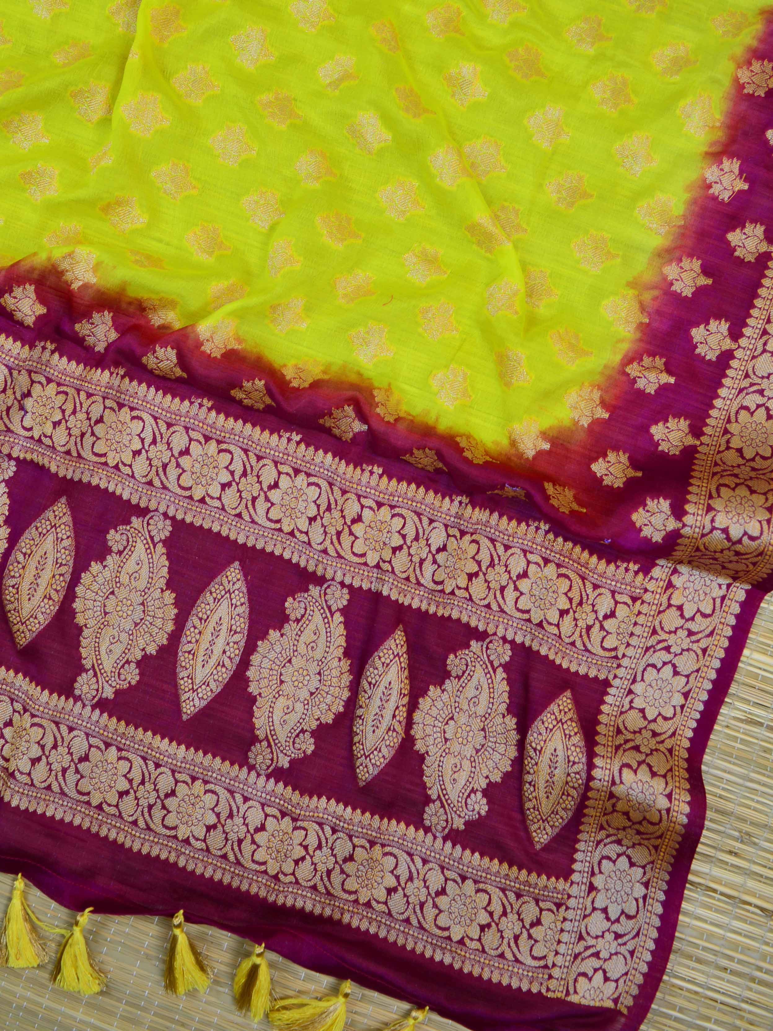 Banarasee Handloom Pure Chiffon Silk Salwar Kameez Set-Yellow & Violet