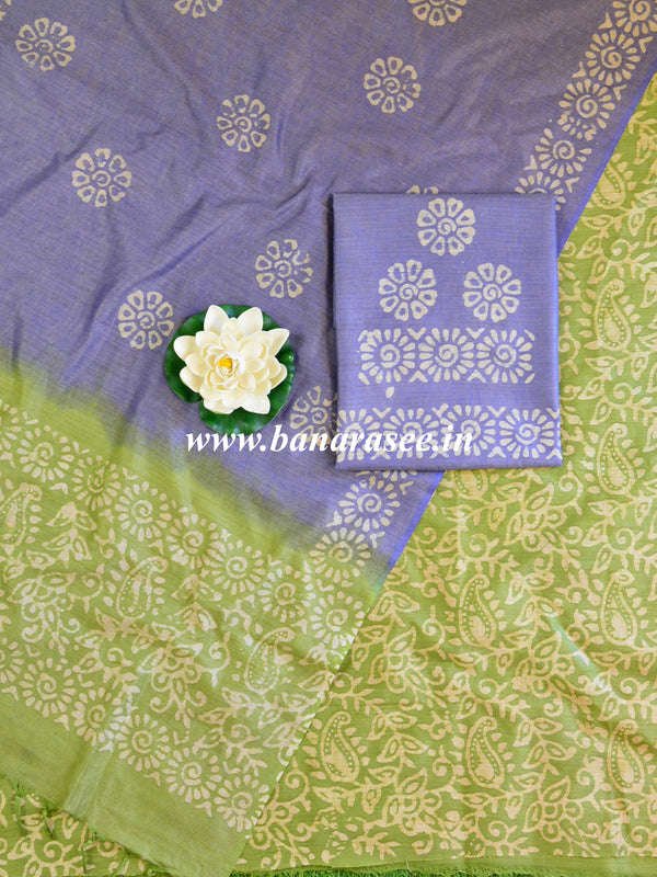 Pure Handloom Khadi Cotton Hand-Dyed Batik Pattern Salwar Kameez Dupatta Set-Green & Purple