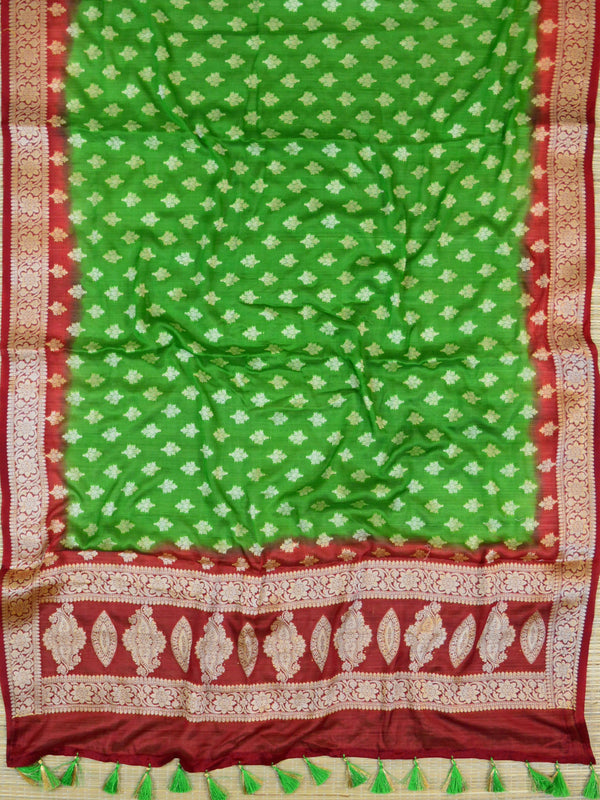 Banarasee Handloom Pure Chiffon Silk Salwar Kameez Set-Green & Maroon