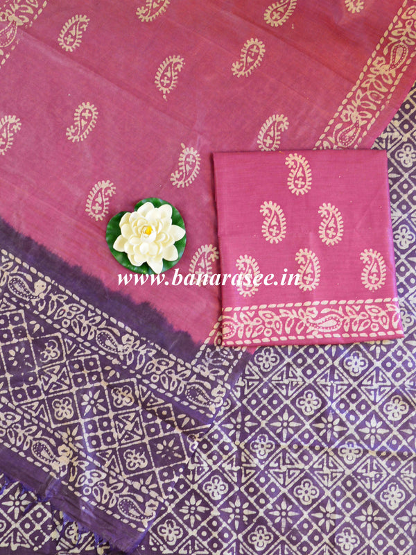 Pure Handloom Khadi Cotton Hand-Dyed Batik Pattern Salwar Kameez Dupatta Set-Pink & Purple