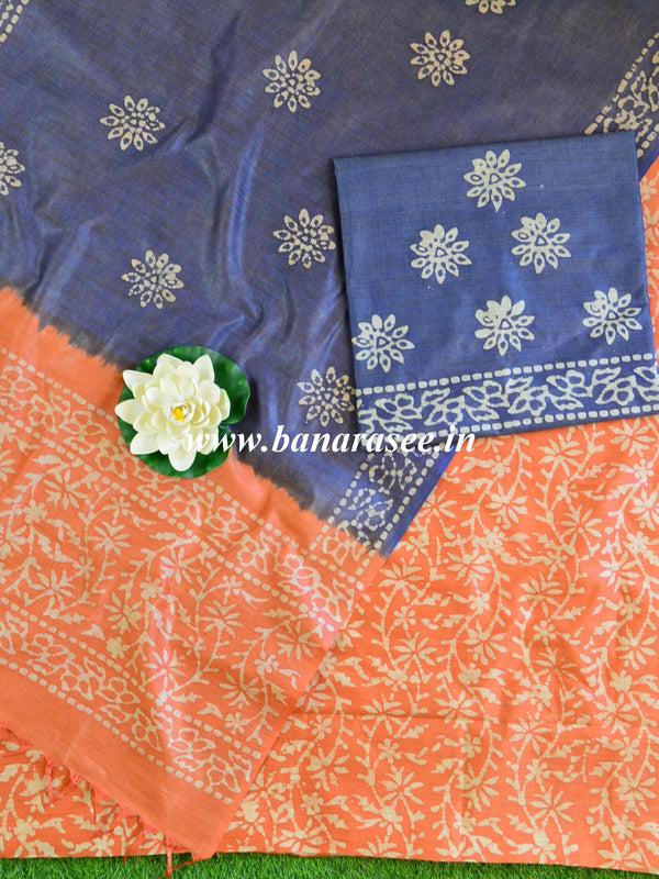 Pure Handloom Khadi Cotton Hand-Dyed Batik Pattern Salwar Kameez Dupatta Set-Orange & Blue