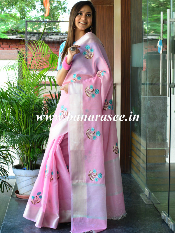 Banarasee Linen Cotton Saree With Embroidered Buta & Silver Zari Border-Pink