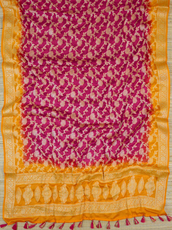 Banarasee Handloom Pure Chiffon Silk Salwar Kameez Set-Yellow & Pink