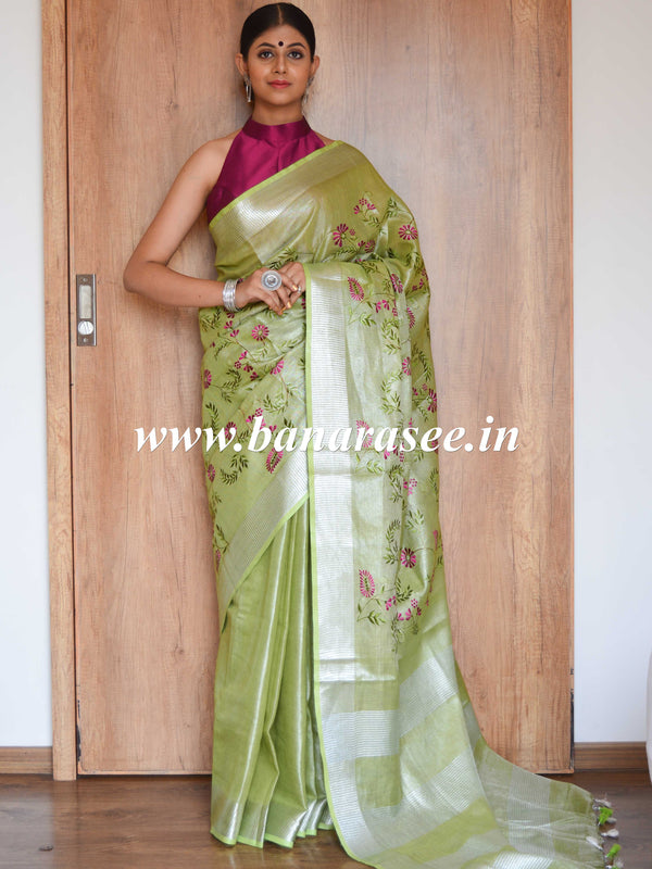 Banarasee Handloom Pure Linen By Tissue Embroidered Saree-Green