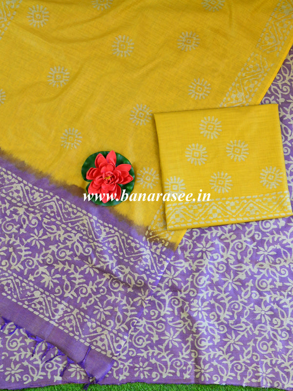 Pure Handloom Khadi Cotton Hand-Dyed Batik Pattern Salwar Kameez Dupatta Set-Purple & Yellow