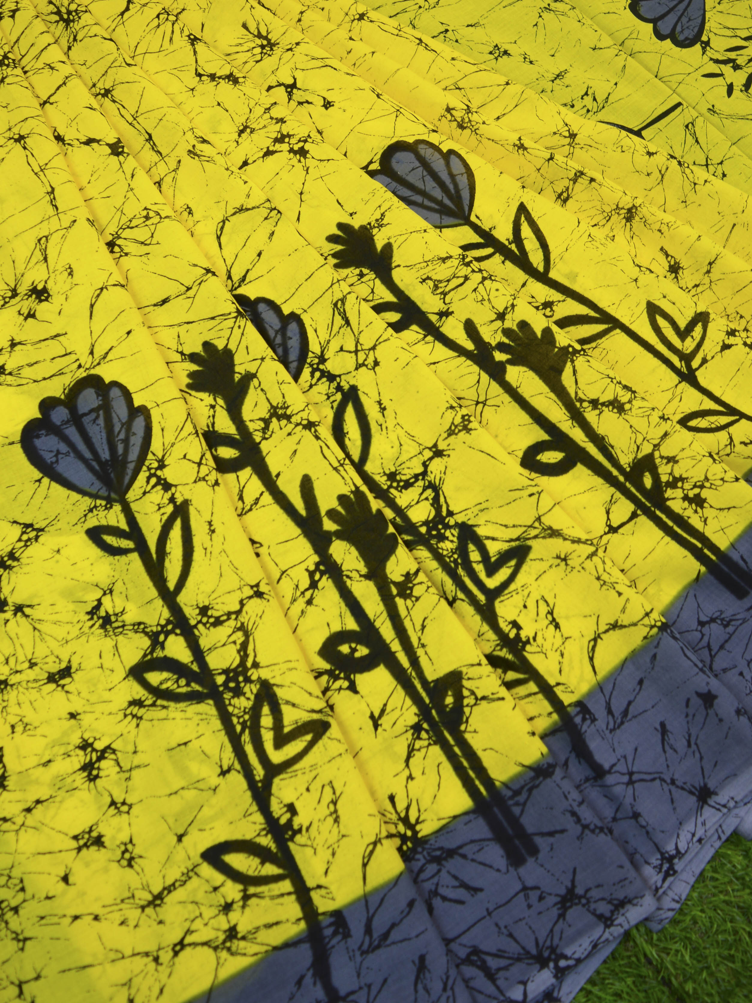 Handloom Mul Cotton Hand Print Saree-Yellow