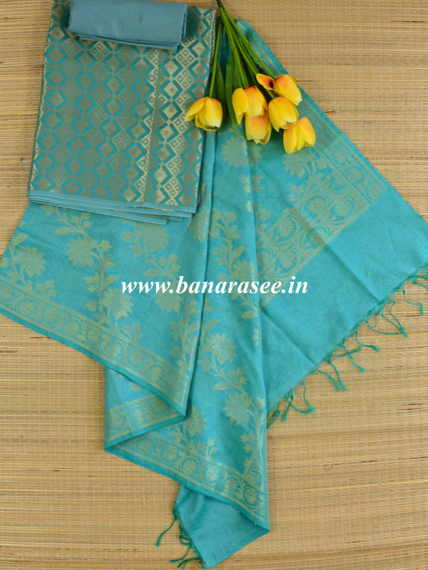 Banarasee Art Silk  Salwar Kameez Fabric With Dupatta-Sea Green