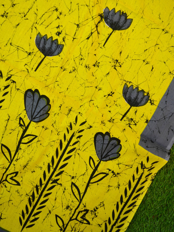 Handloom Mul Cotton Hand Print Saree-Yellow