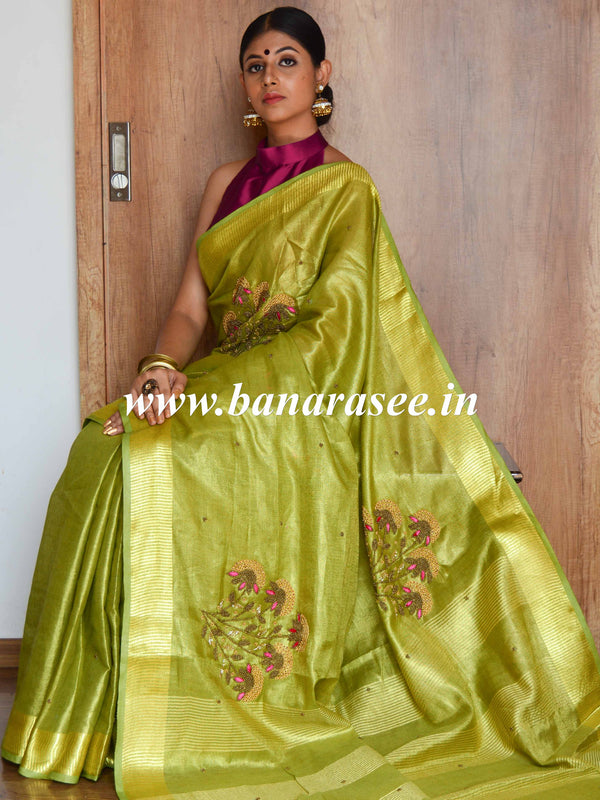 Banarasee Handloom Pure Linen By Tissue Saree With Pearl Embroidery-Green